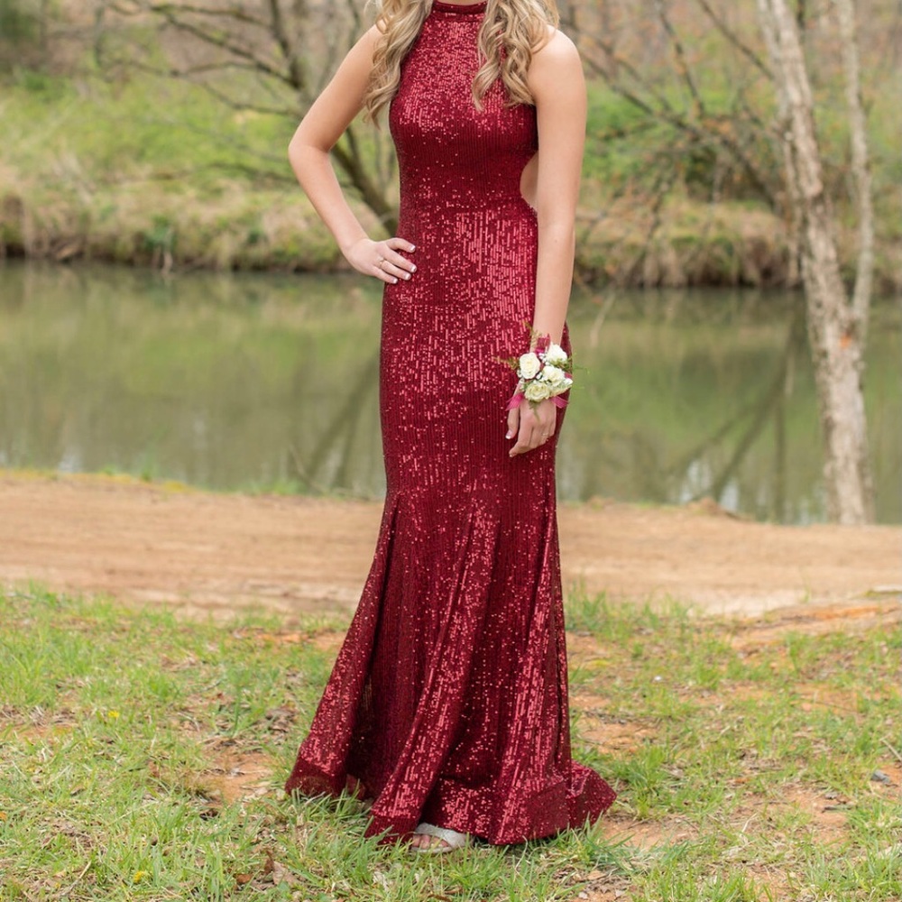 La Femme Sequin Halter Neck Mermaid Gown